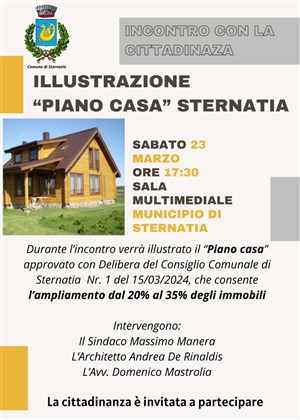 Illustrazione "Piano Casa" Sternatia.
Sabato 23 marzo ore 17:30 sala multimediale municipio di Sternatia.