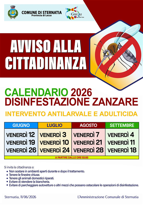 Calendario 2026: disinfestazione zanzare