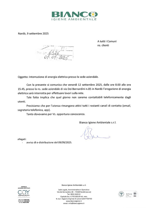 lnterruzione di energia elettrica presso la sede aziendale Bianco lgiene Ambientale s.r.l